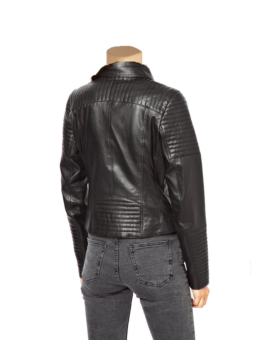 Women’s Black Biker Style Leather Jacket With Ribbed Panels - Image 2