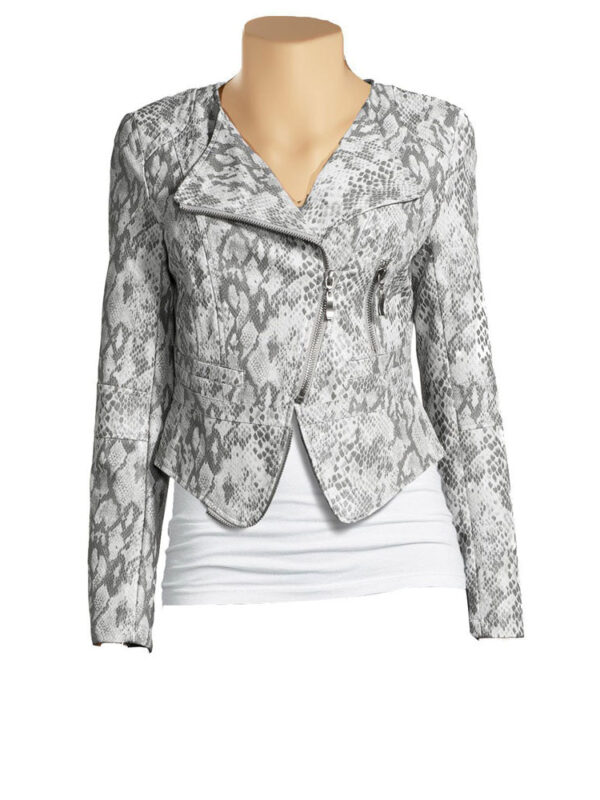Women's grey snake print leather jacket