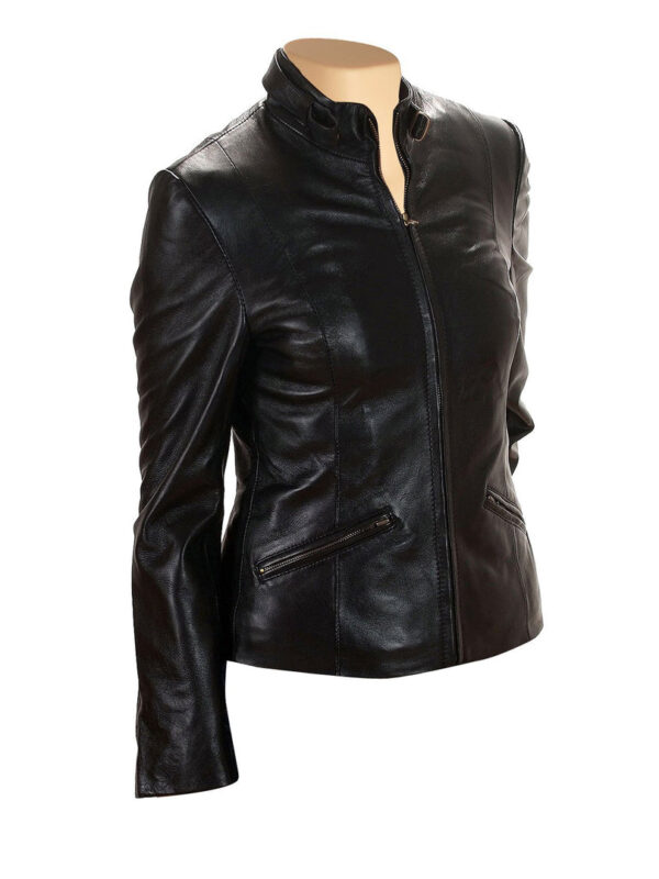 Women's Lidia Black Leather Jacket with Front Zipper