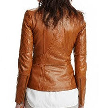 Women's stylish English Tan leather jacket with quilted patches - Image 2