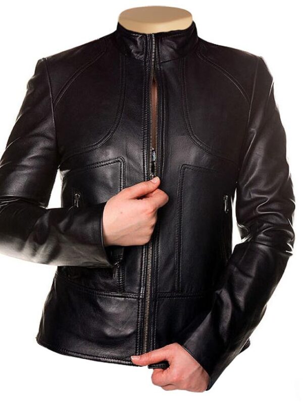 Maria’s Black Leather Jacket With Front Zipper