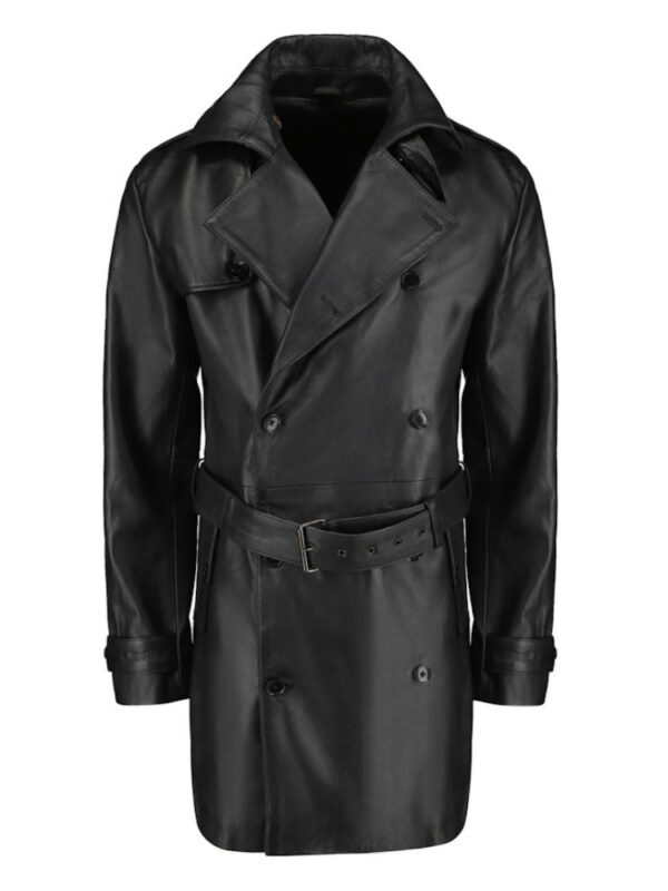 Black leather belted and double breasted trench coat