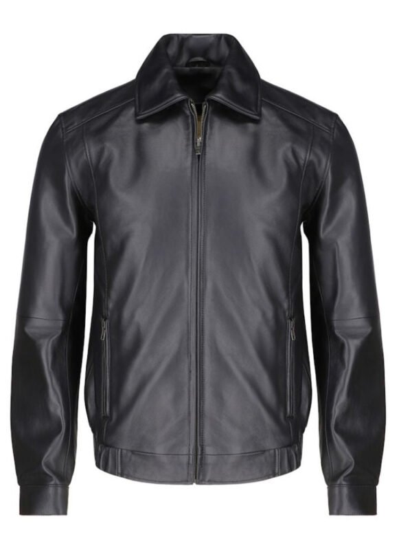 Bomber leather jacket with spread collars