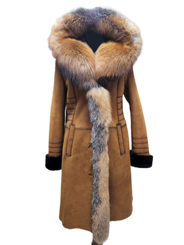 Chantal's Tan Shearling coat with large fox fur hoodie and trim