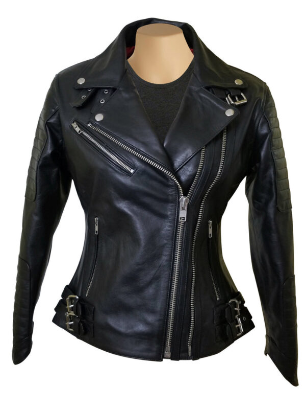 Miyah's double zipper leather jacket with ribbed stitching details