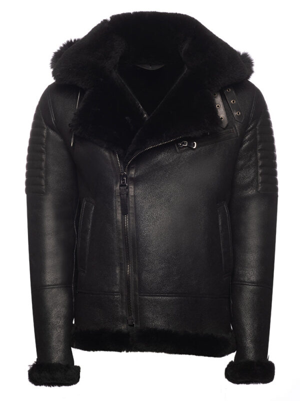 Lucas Black Aviator bomber shearling jacket with Hoodie