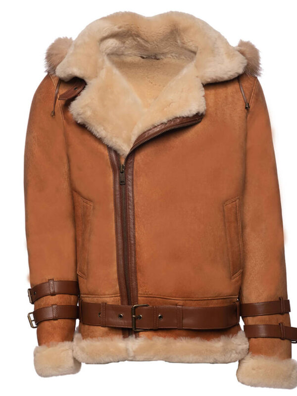 Rocco Vintage Cognac Aviator bomber shearling jacket with Fox trim hoodie