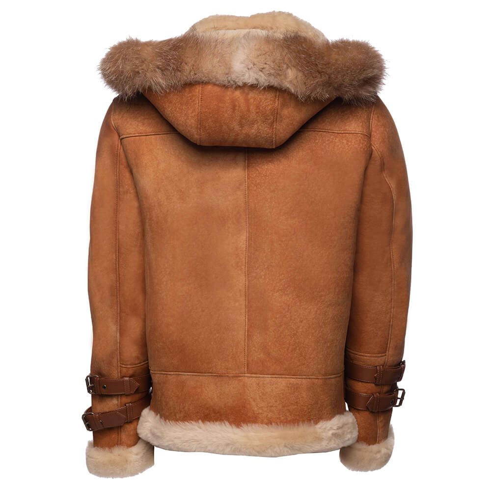 Rocco Vintage Cognac Aviator bomber shearling jacket with Fox trim hoodie - Image 2
