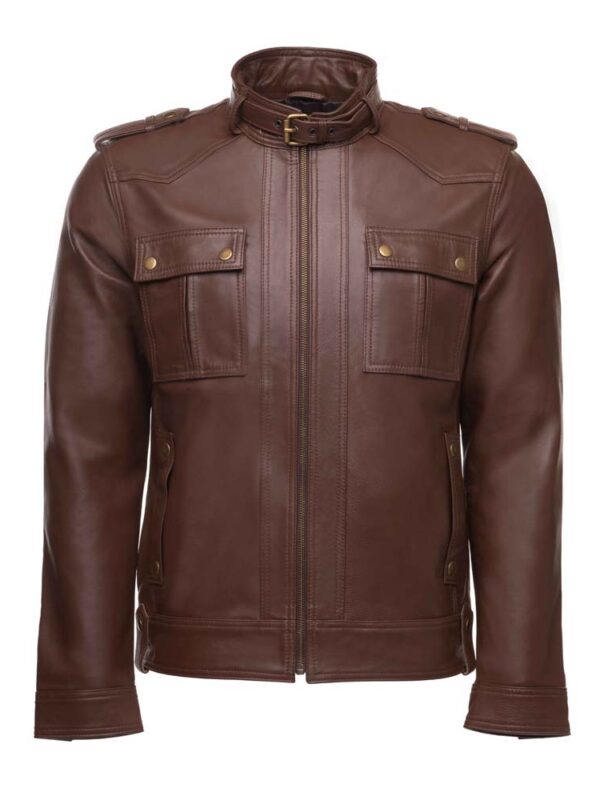 Brown leather jacket with collar belt