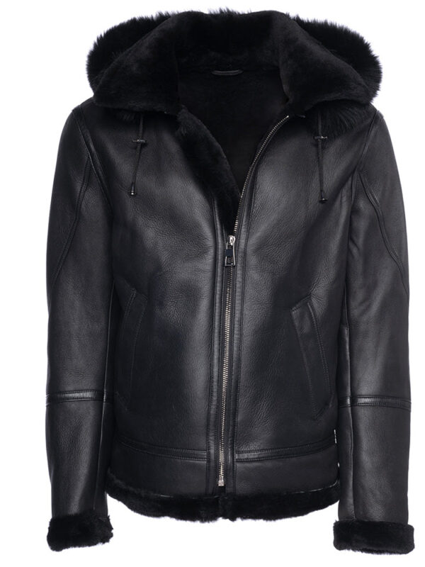 Felix black bomber shearling jacket with hoodie