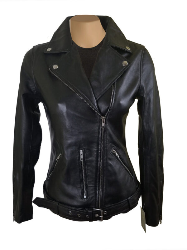 Emilie's black biker style leather jacket with waist belt