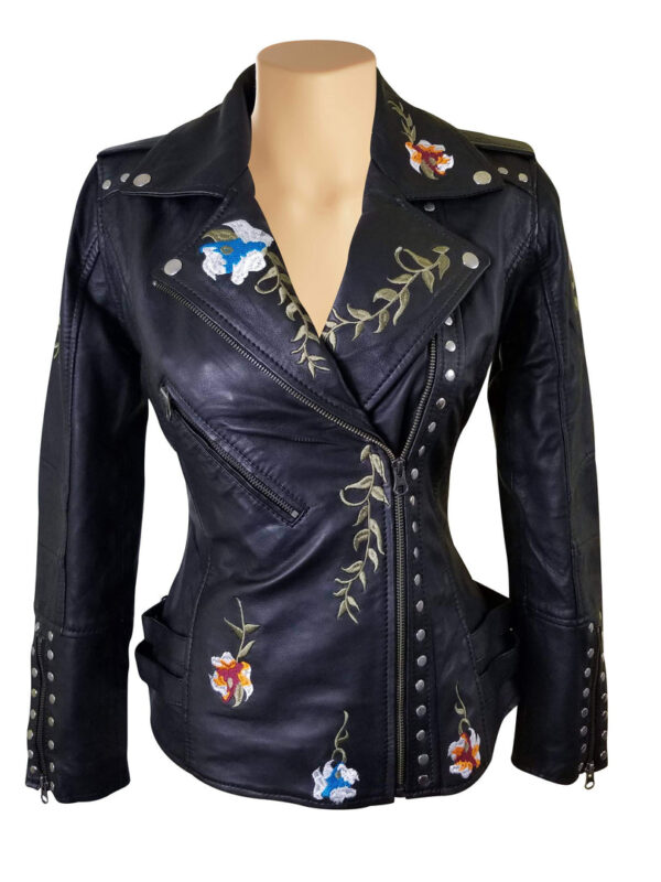 Flowery Embroidered Leather Jacket With Studs