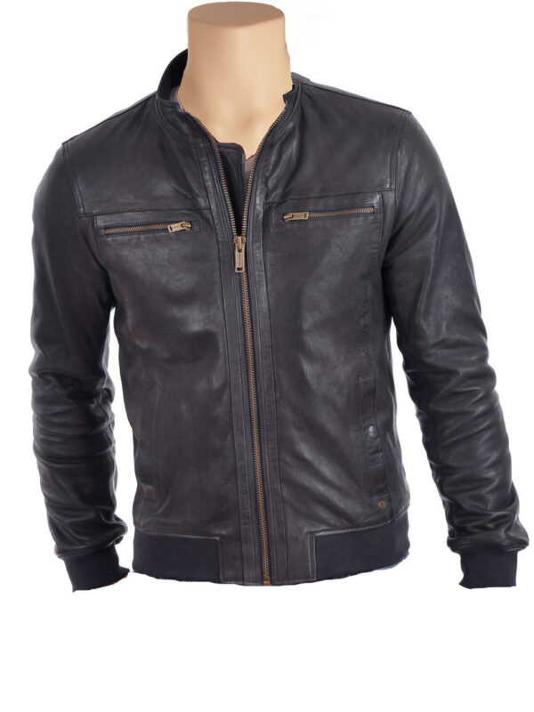 Grey leather jacket with ribbed cuffs and hem