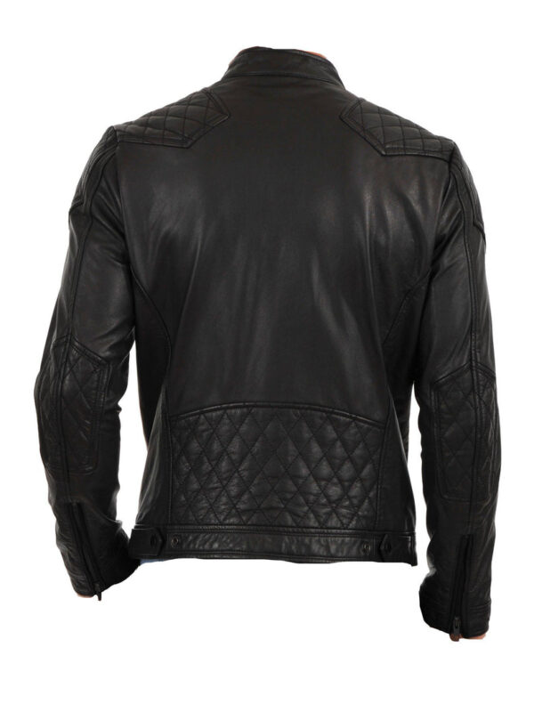 Moto style leather jacket with quilted stitching patches