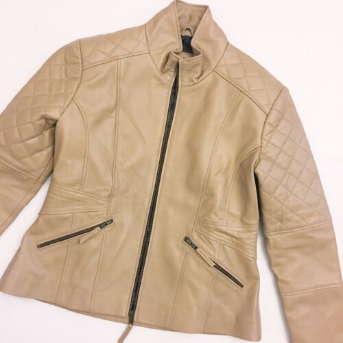 Click to view full screen Women's stylish English Tan leather jacket with quilted patches photo review