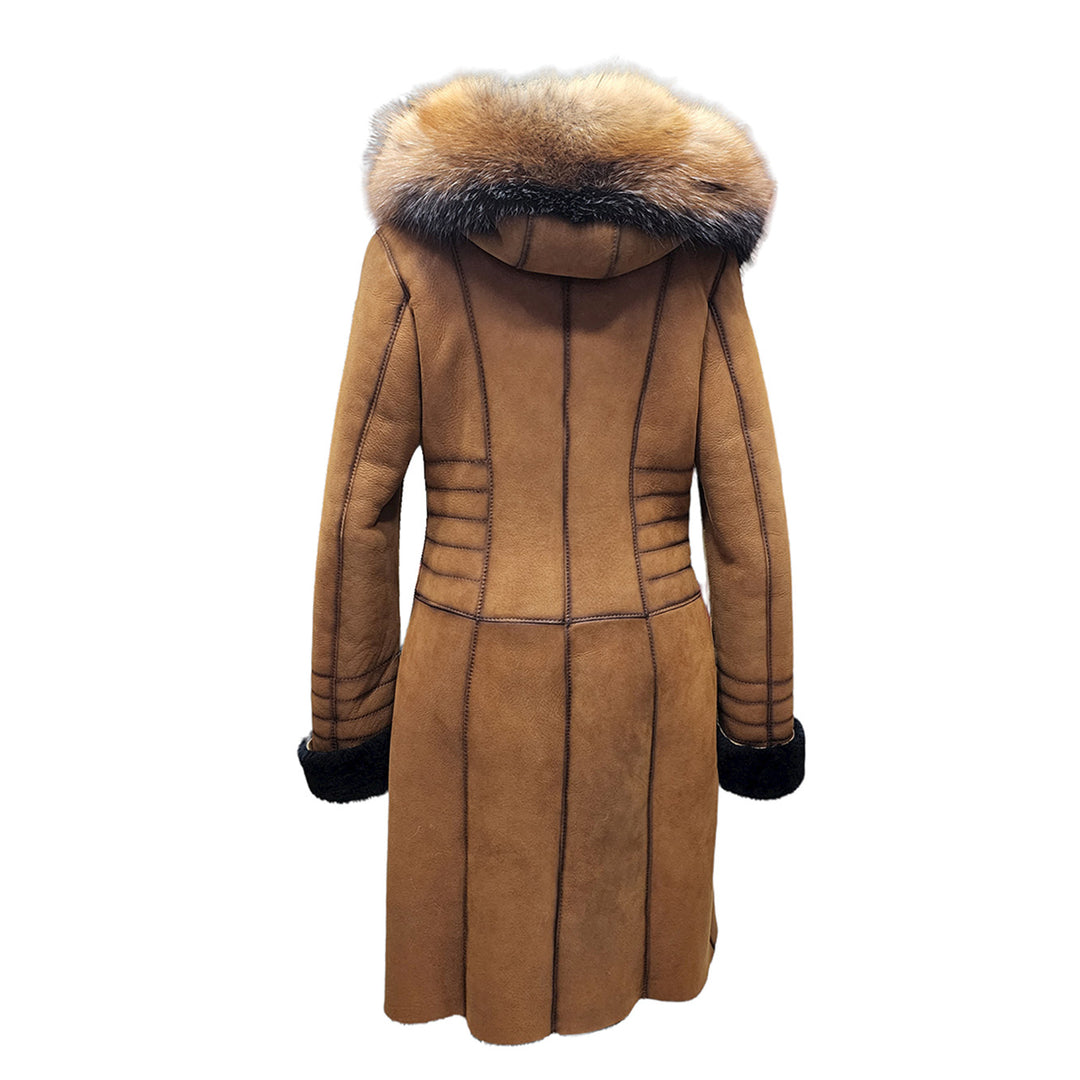 Chantal's Tan Shearling coat with large fox fur hoodie and trim - Image 2