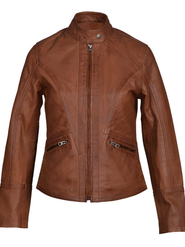 Dione’s Moto Style Sand Washed Leather Jacket With Buttoned Collar
