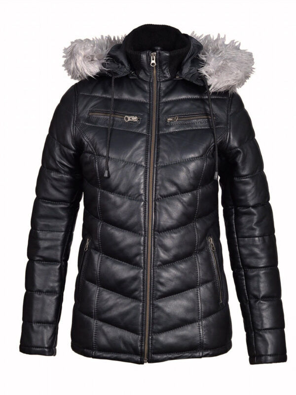 Snow’s Winter Puffer Leather Jacket With Fur Trimmed Hoodie