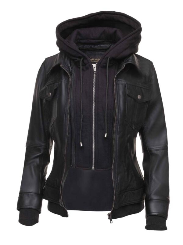 Daphne Black Leather Jacket With Fleece Hoodie
