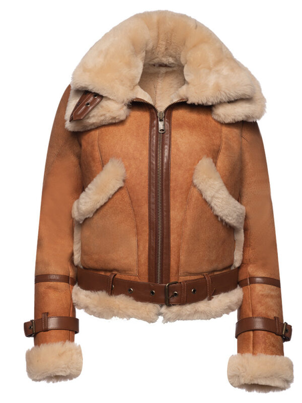 Kristy Vintage Cognac Womens Crop Shearling Bomber Jacket