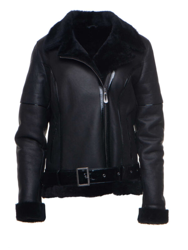 Tasha’s Black Sheepskin Shearling B-3 Bomber Style Jacket