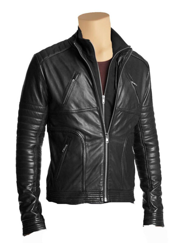 Men's leather jacket with straight zip up collar