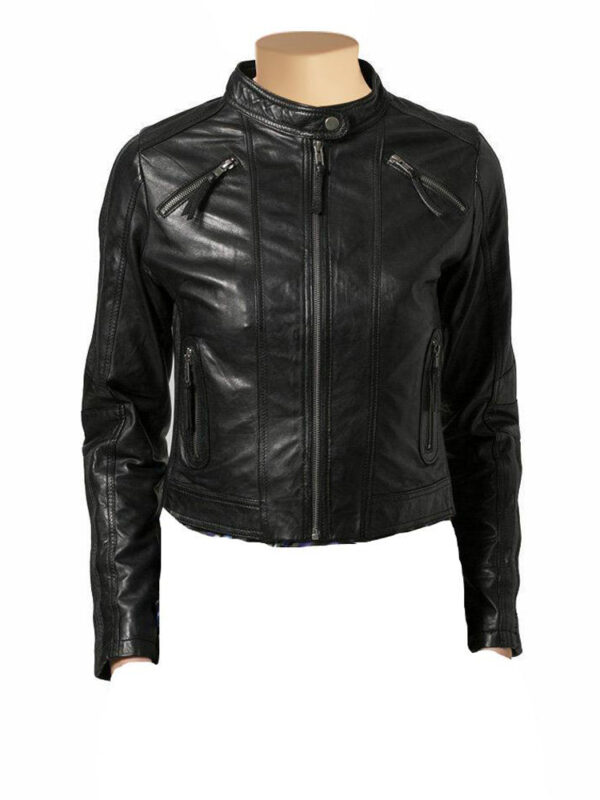 Women’s Cropped Café Racer Leather Jacket With Band Collar