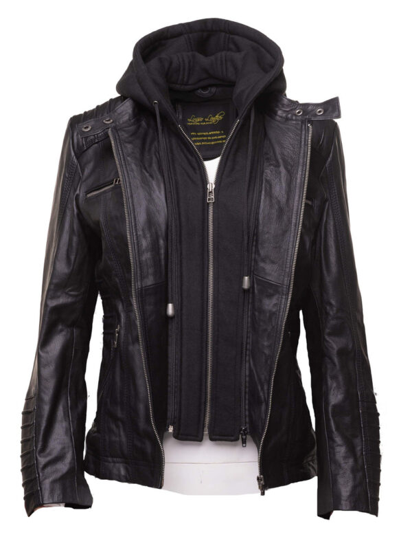 Women's black leather jacket with piping details