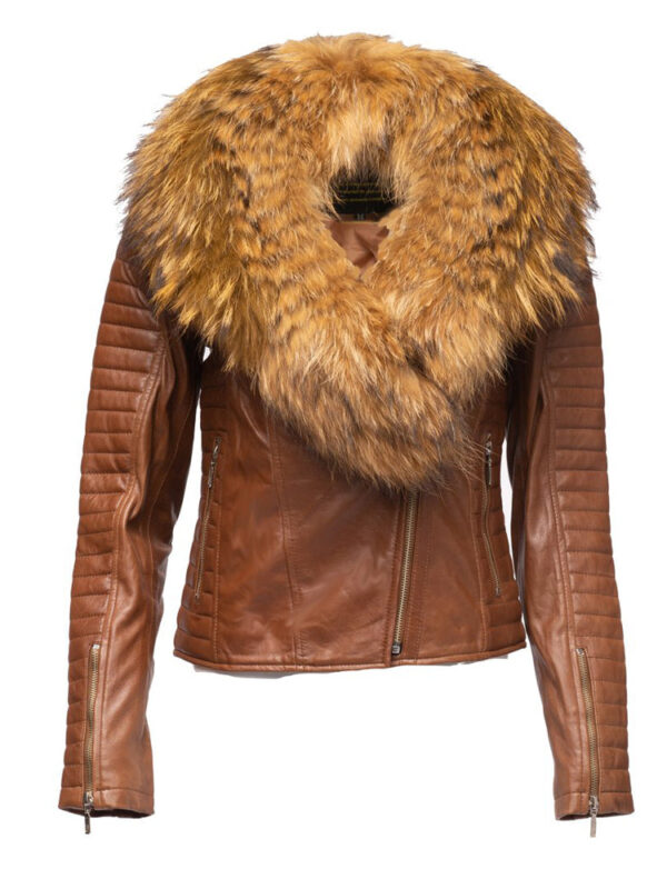 Women's Large Fur Shawl leather jacket with ribbed sleeve detailing