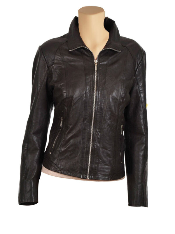 Women's classy brown leather jacket with collars