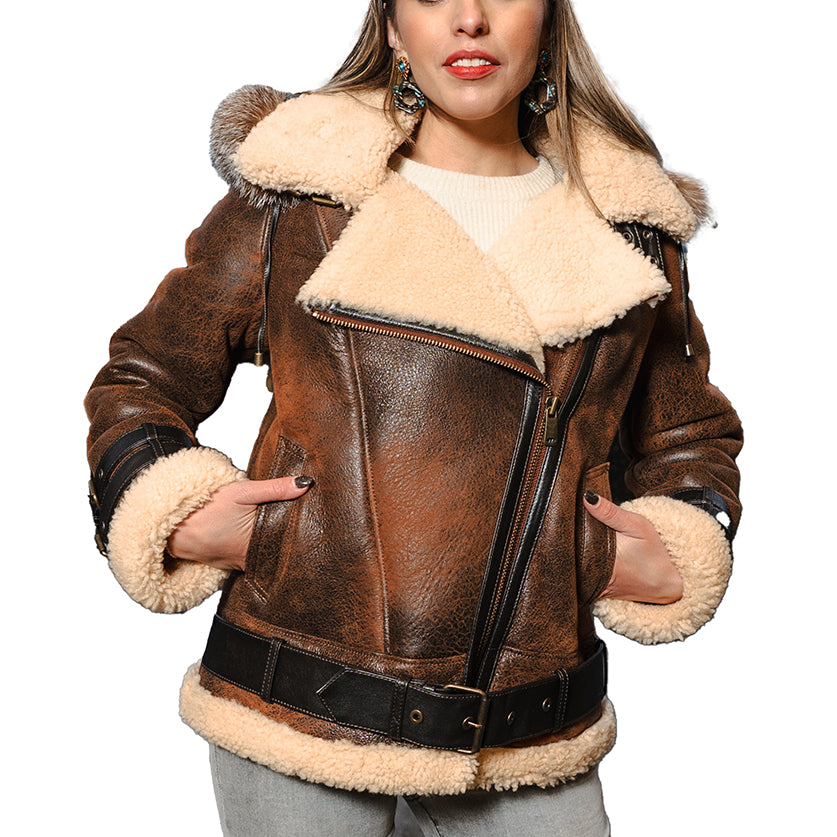 Women's Rocco Vintage Distressed Brown Shearling Jacket (Copy)