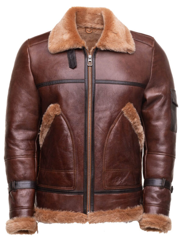 Esa Brown Bomber Sheepskin Shearling Jacket with large pockets