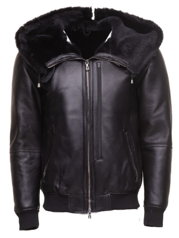 Gregos Varsity Style Sheepskin Shearling Jacket with Large Hoodie