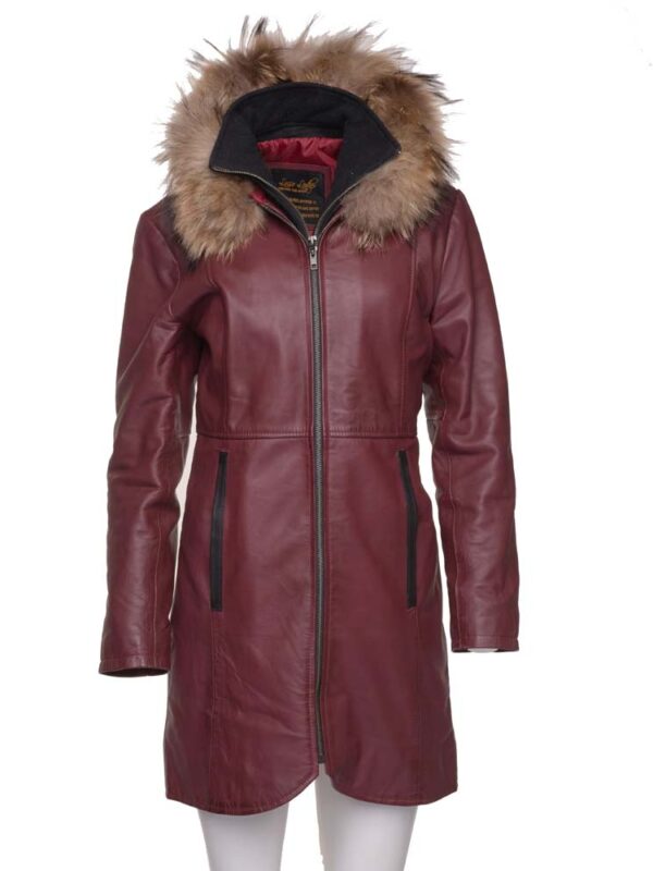 Hannah's Burgundy 3/4 length Double breasted leather jacket with real fox fur hoodie