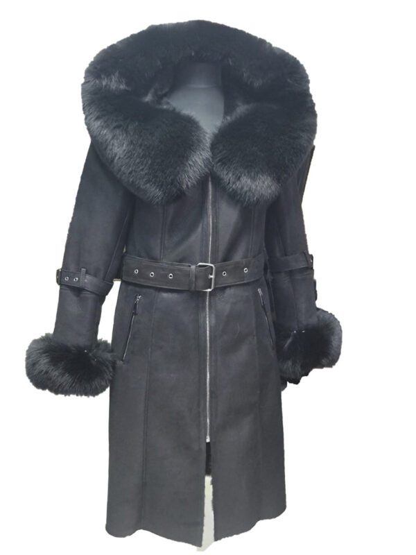 Allis Black Belted Shearling coat with large fox fur hoodie