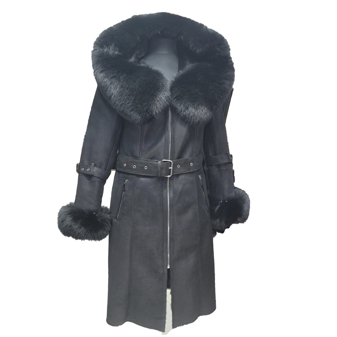 Allis Black Belted Shearling coat with large fox fur hoodie (Copy)