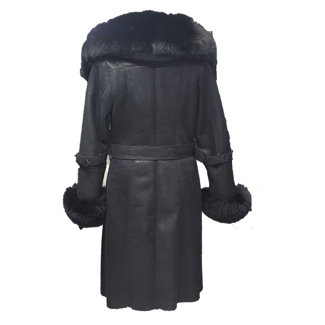 Allis Black Belted Shearling coat with large fox fur hoodie (Copy) - Image 2