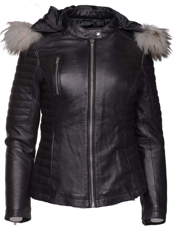 Larissa's Black Leather Jacket with Hoodie and Fur Trim