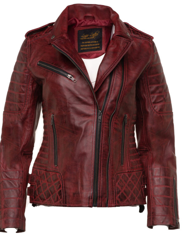Marissa's Antique red diamond quilted leather jacket with double zipper