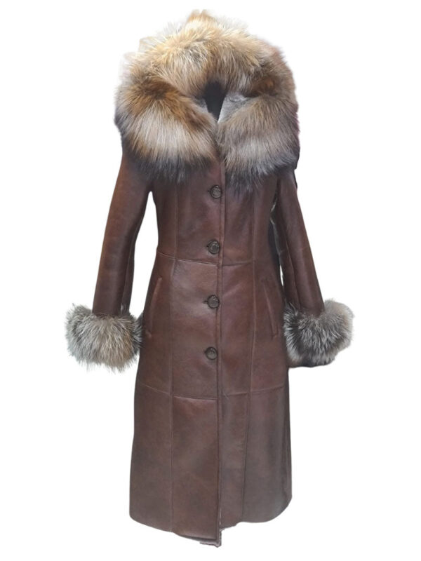 Riley brown hooded shearling coat with fox fur