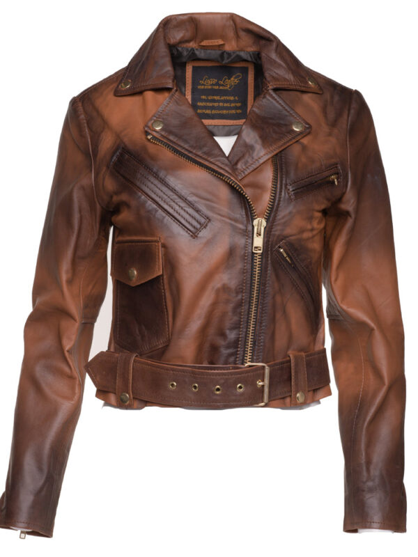 Tracy's shaded brown crop biker leather jacket with waist belt