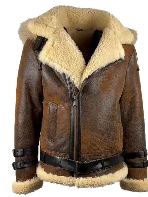 Rocco Vintage Distressed Brown Aviator bomber shearling jacket with hoodie