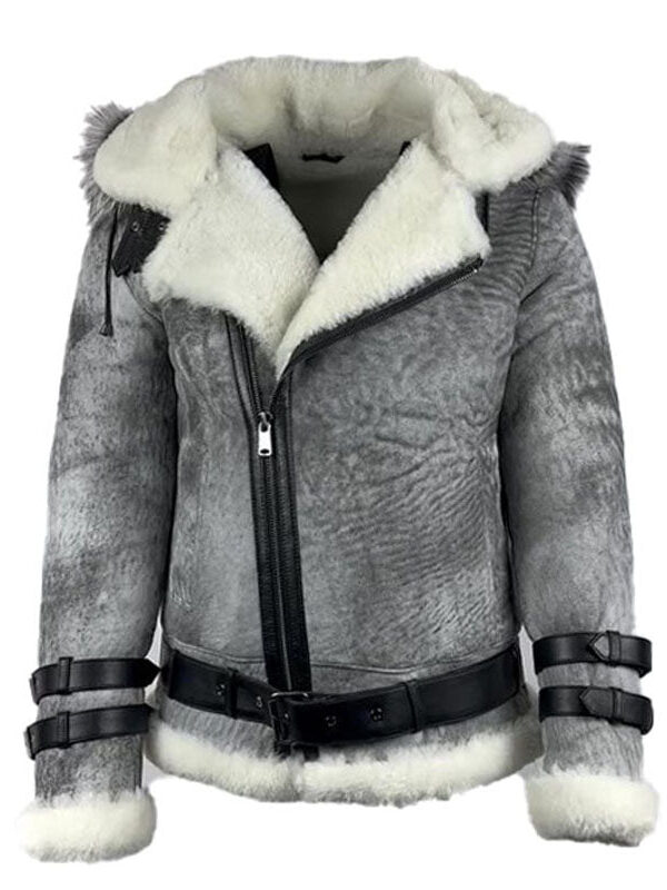 Rocco Vintage Distressed Grey Aviator bomber shearling jacket with hoodie