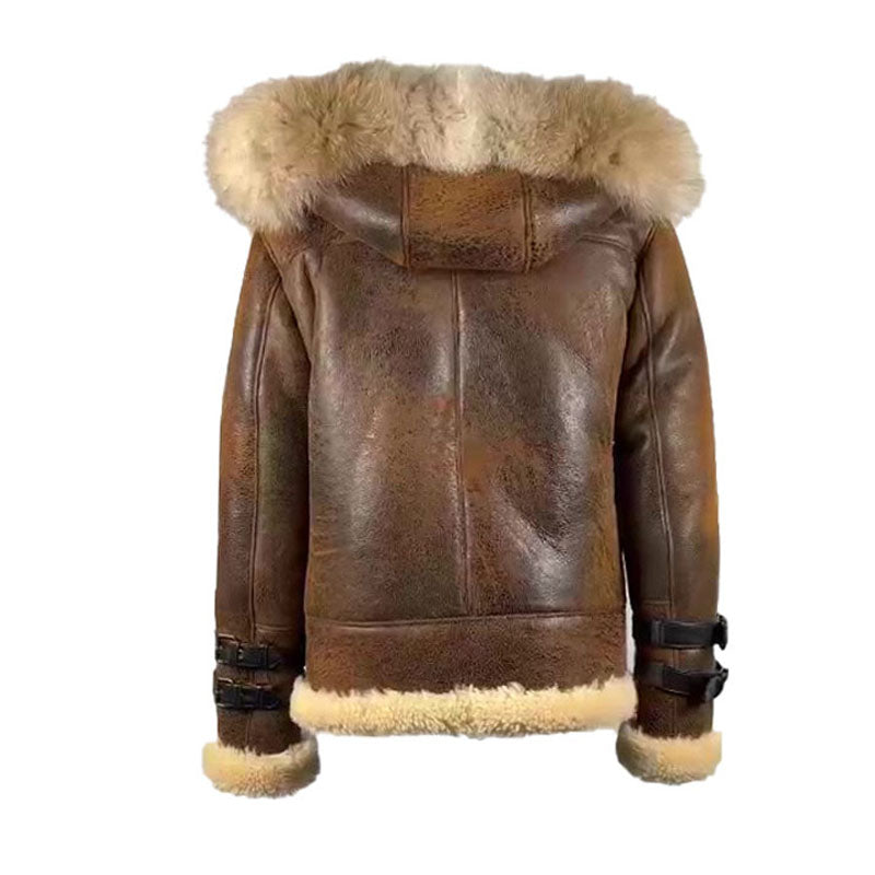 Rocco Vintage Distressed Brown Aviator bomber shearling jacket with hoodie - Image 2