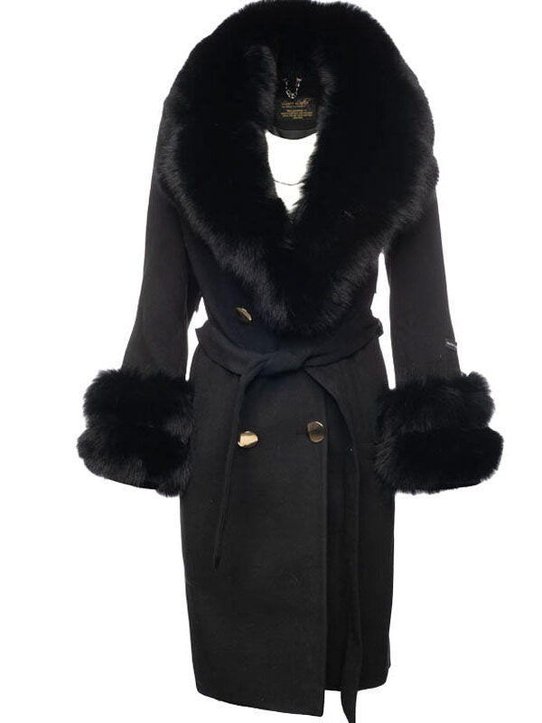 Aria Black Chic long cashmere blend coat with fox fur