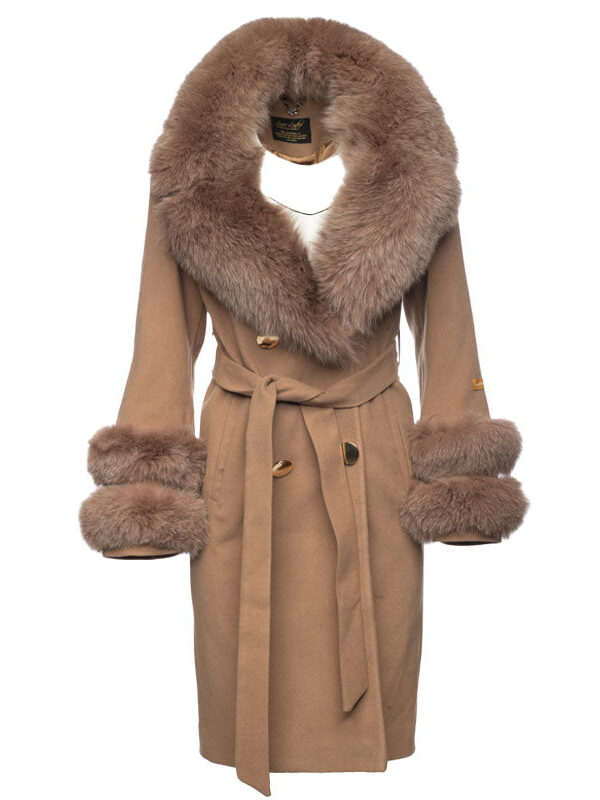 Aria Beige Chic long cashmere blend coat with fox fur