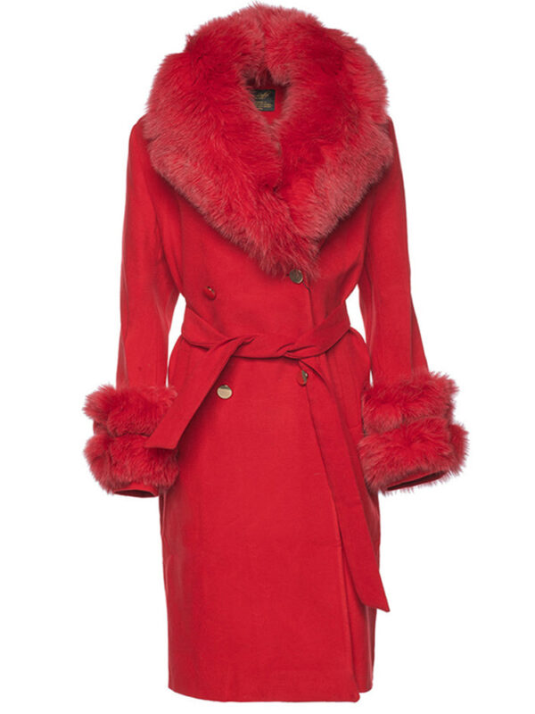 Aria Red chic long cashmere blend coat with fox fur