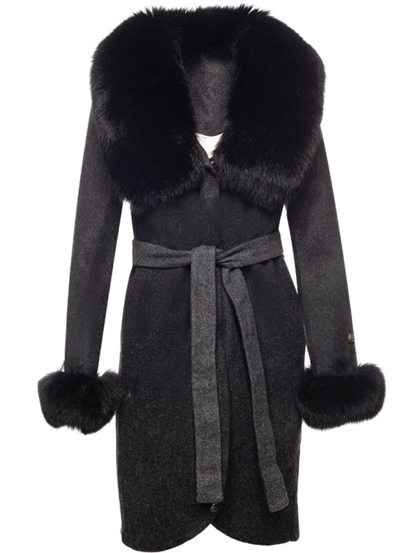 Mia's belt tie wool coat with fox fur